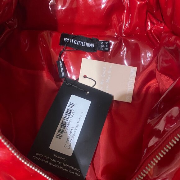 PrettyLittleThing Size M Red Glossy Quilted Puffer Jacket Cropped READ - Picture 3 of 16